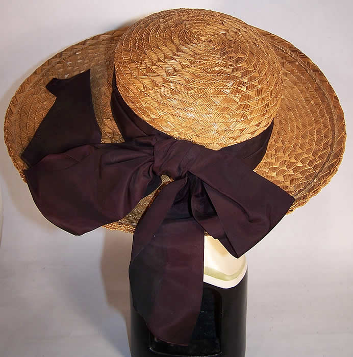 Natural Straw Black Net Wide Brim Bow Sailor Hat back view