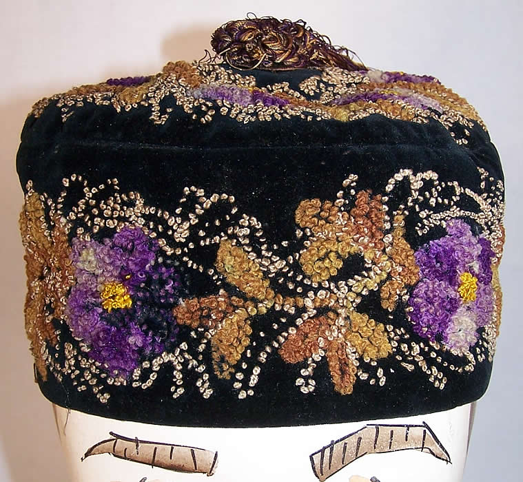 Victorian Violet French Knot Embroidered Smoking Cap  Front view.