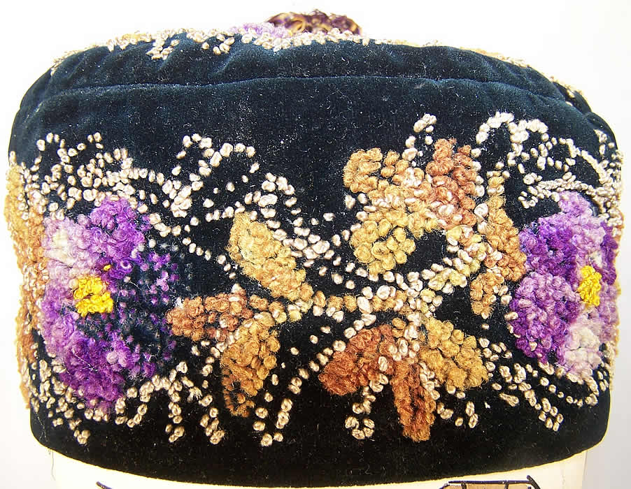 Victorian Violet French Knot Embroidered Smoking Cap side view.