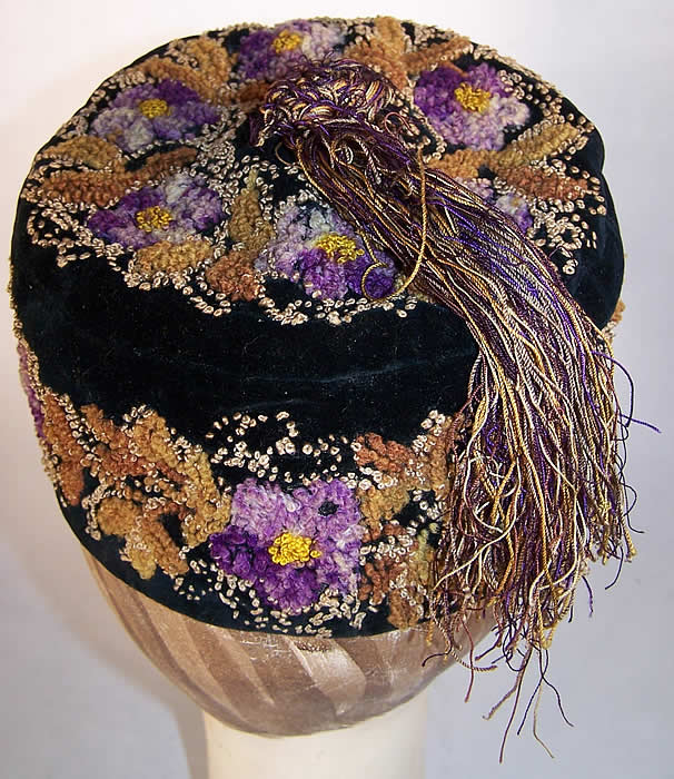 Victorian Violet French Knot Embroidered Smoking Cap back view