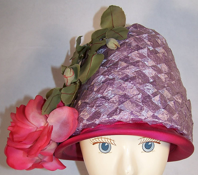 Vintage Michael Terre Purple Straw Flower Pot Cone Hat  Back View.