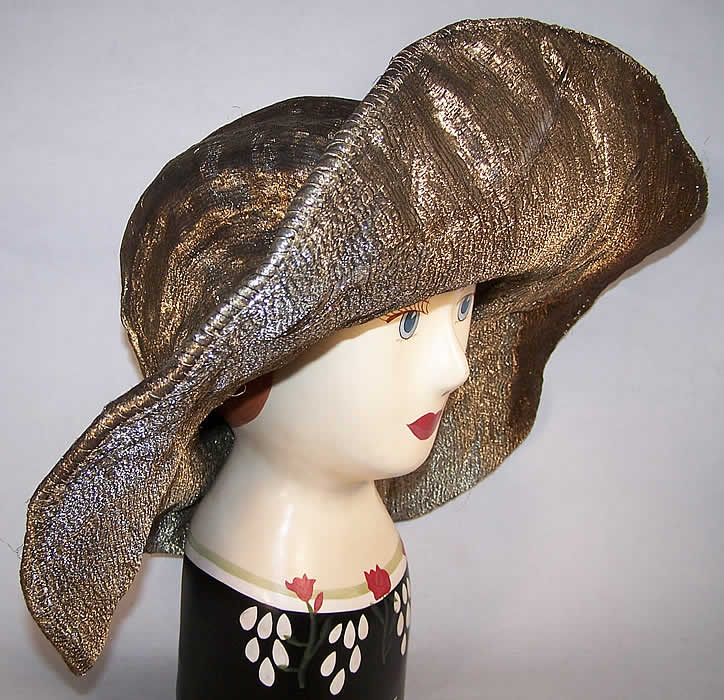 Art Deco Silver Metallic Lamé Wired Wide Brim Hat   Front view.