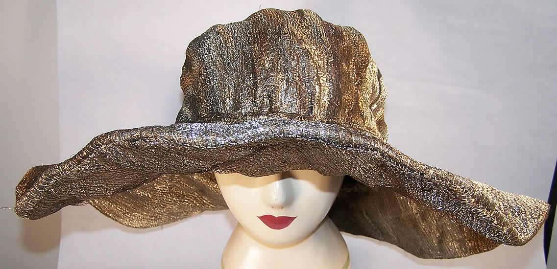 Art Deco Silver Metallic Lamé Wired Wide Brim Hat front View.