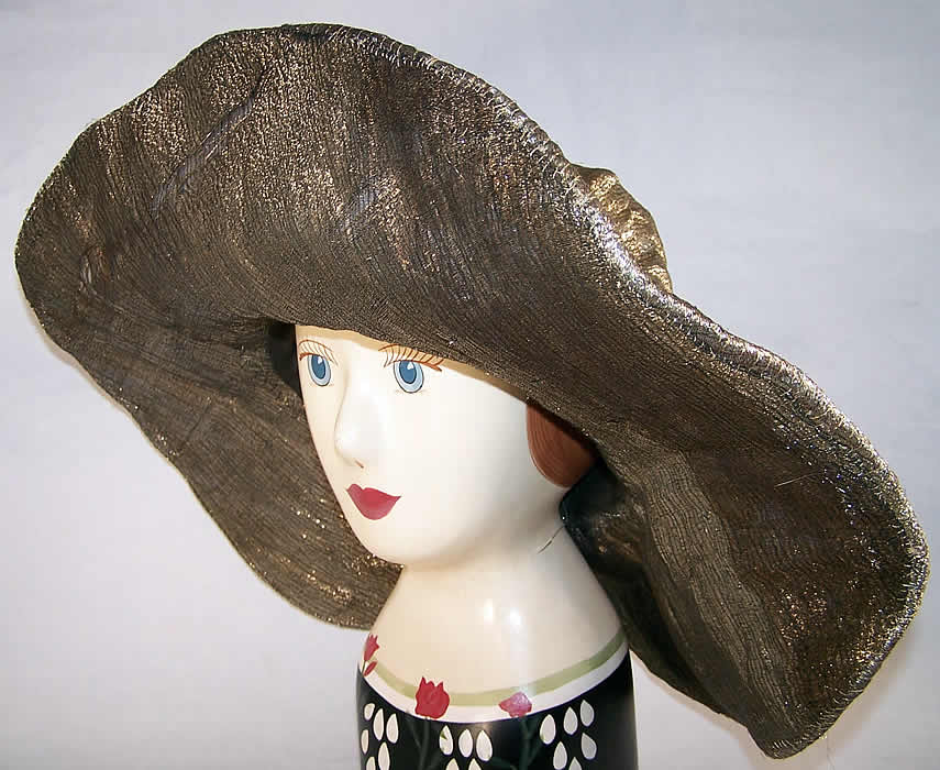 Art Deco Silver Metallic Lamé Wired Wide Brim Hat  side view.