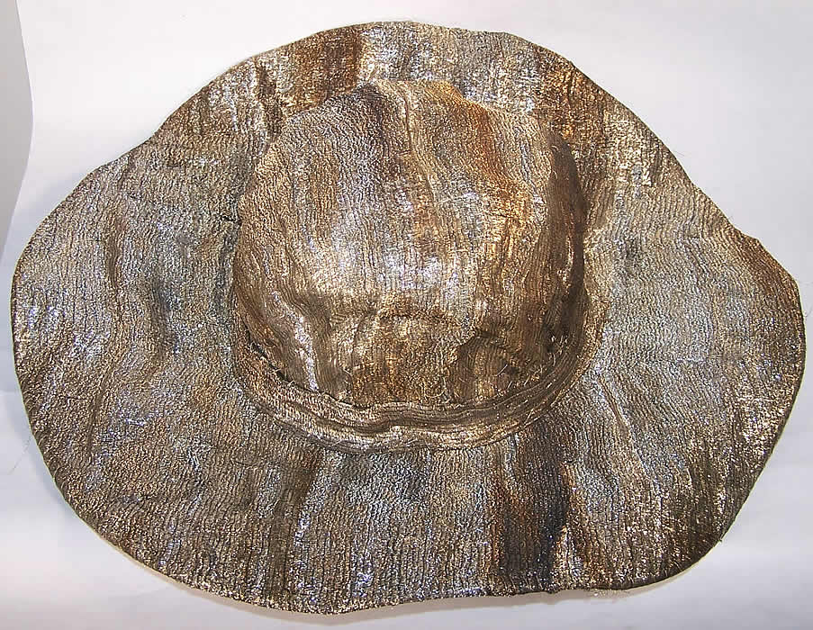 Art Deco Silver Metallic Lamé Wired Wide Brim Hat  Close up.