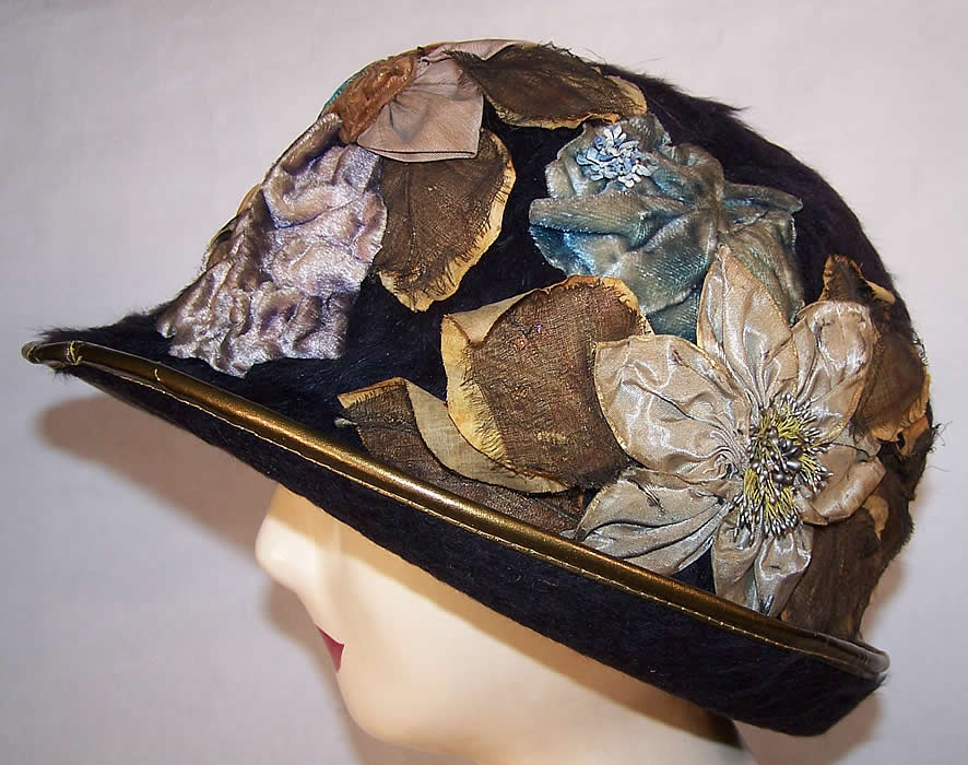  Blue Beaver Felt Fur Floral Flapper Cloche Hat  Side view.