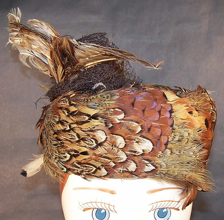 Vintage Pheasant Feather Birds Nest Pill Box Hat Front View.