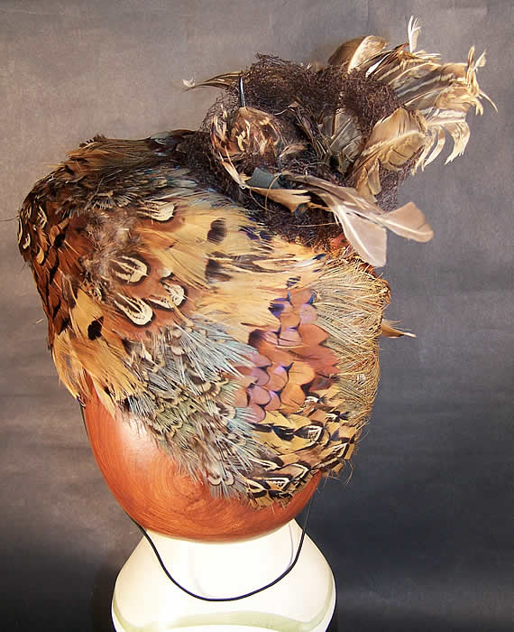 Vintage Pheasant Feather Birds Nest Pill Box Hat Back View