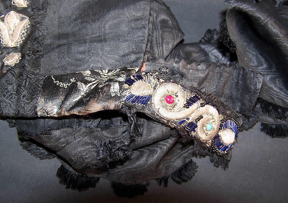 Antique German Folk Bonnet Cap Silk Silver Embroidered close-up View.