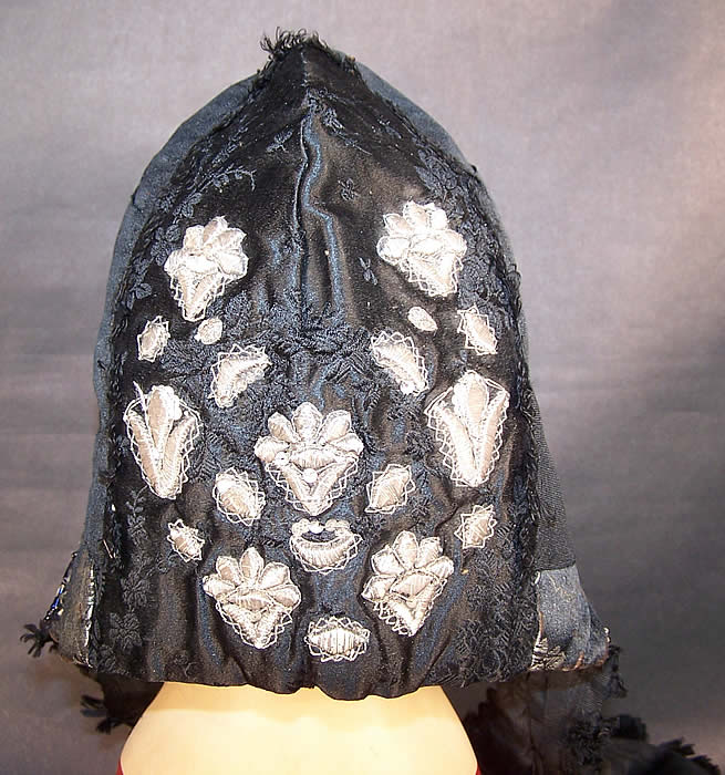 Antique German Folk Bonnet Cap Silk Silver Embroidered back view.