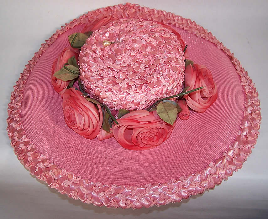 Vintage Coralie Pink Straw Floral Rose Wide Brim Sun Hat Close up.