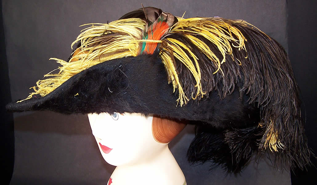 Victorian Black Beaver Felt Fur Yellow Ribbon Ostrich Feather Jet Beaded Wide Brim Hat Side View.