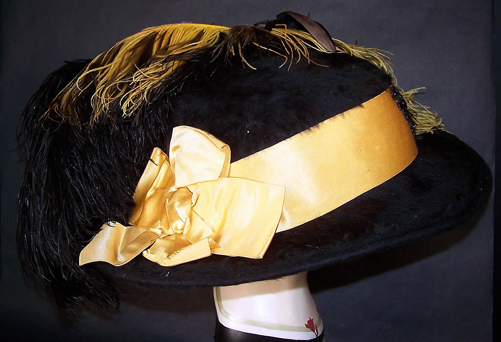 Victorian Black Beaver Felt Fur Yellow Ribbon Ostrich Feather Jet Beaded Wide Brim Hat side view.