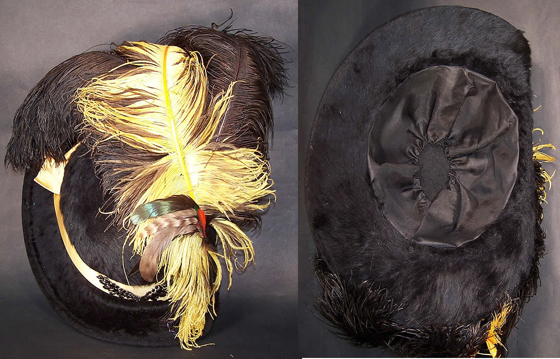 Victorian Black Beaver Felt Fur Yellow Ribbon Ostrich Feather Jet Beaded Wide Brim Hat Close up.