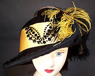 Victorian Black Beaver Felt Fur Yellow Ribbon Ostrich Feather Jet Beaded Wide Brim Hat