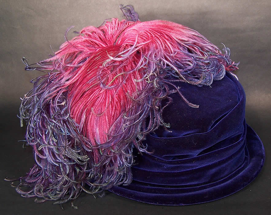 Vintage Charles Kurzman Fifth Ave Millinery Purple Velvet Feather Flapper Cloche Hat Close up.