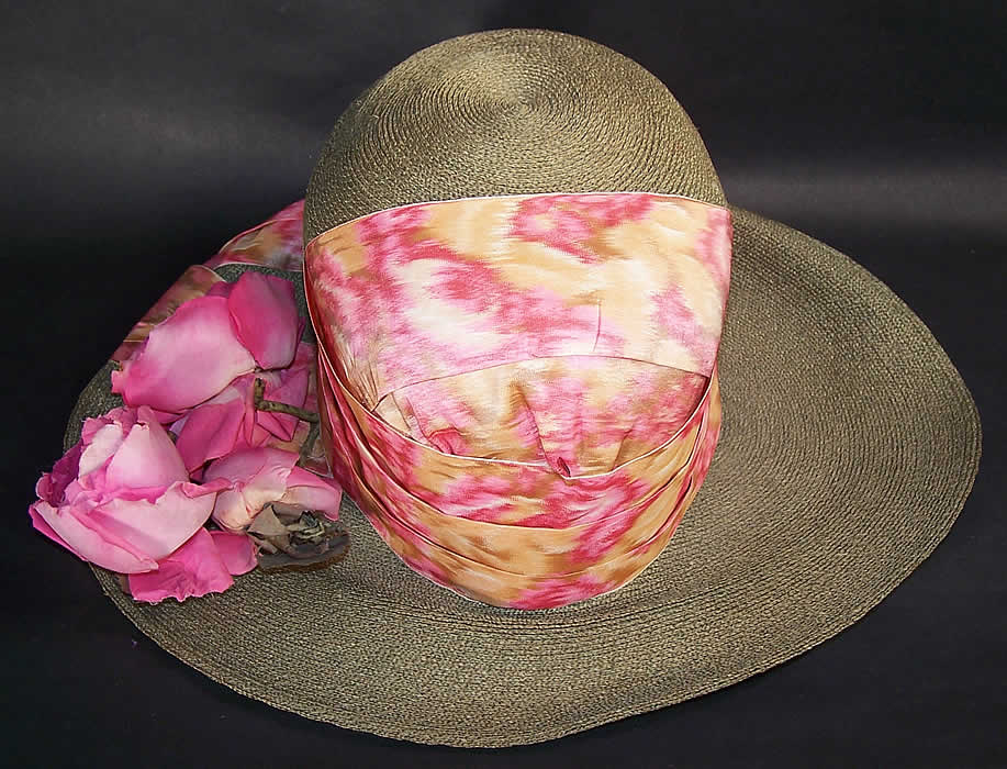 Belle Epoque Olive Green Straw Pink Rose Moire Ribbon Wide Brim Hat Close up.