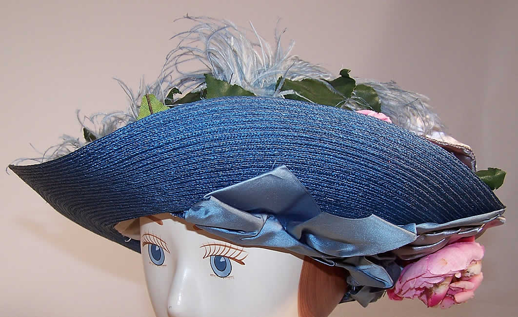 Belle Epoque Blue Straw Feather Ribbon Rosette Wide Brim Hat side view.