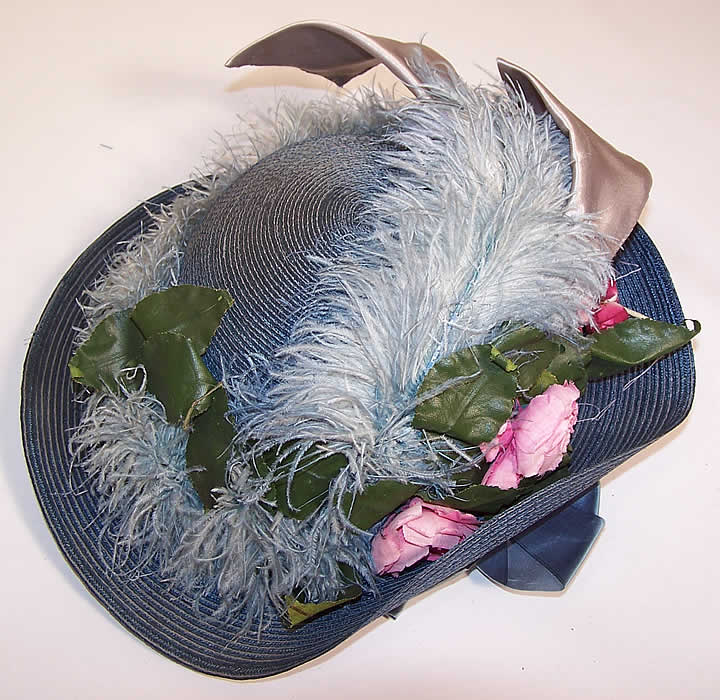 Belle Epoque Blue Straw Feather Ribbon Rosette Wide Brim Hat from above