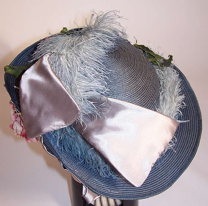 Belle Epoque Blue Straw Feather Ribbon Rosette Wide Brim Hat back