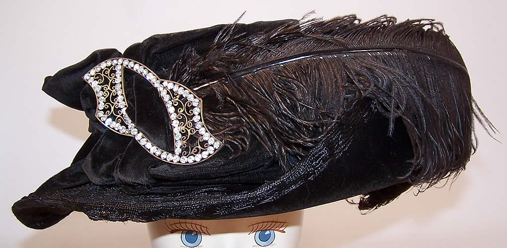 Titanic Belle Epoque Black Velvet Horse Hair Feather Rhinestone Trim Wide Brim Hat front view.