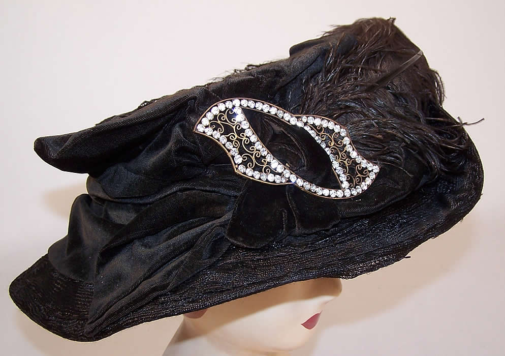 Titanic Belle Epoque Black Velvet Horse Hair Feather Rhinestone Trim Wide Brim Hat side view