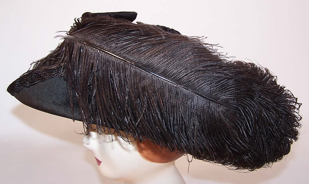 Titanic Belle Epoque Black Velvet Horse Hair Feather Rhinestone Trim Wide Brim Hat other side view.