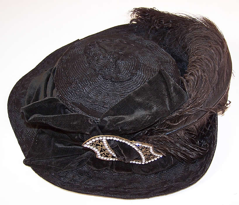 Titanic Belle Epoque Black Velvet Horse Hair Feather Rhinestone Trim Wide Brim Hat 