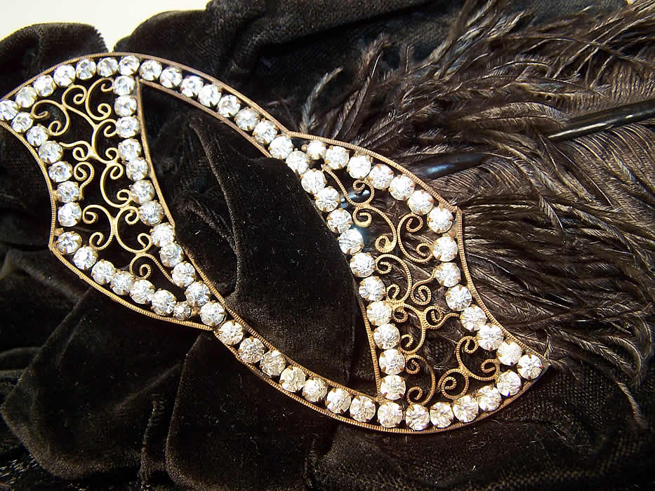 Titanic Belle Epoque Black Velvet Horse Hair Feather Rhinestone Trim Wide Brim Hat Close up.