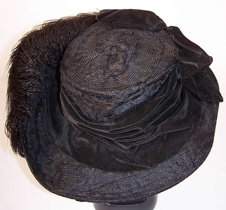 Titanic Belle Epoque Black Velvet Horse Hair Feather Rhinestone Trim Wide Brim Hat top or back view