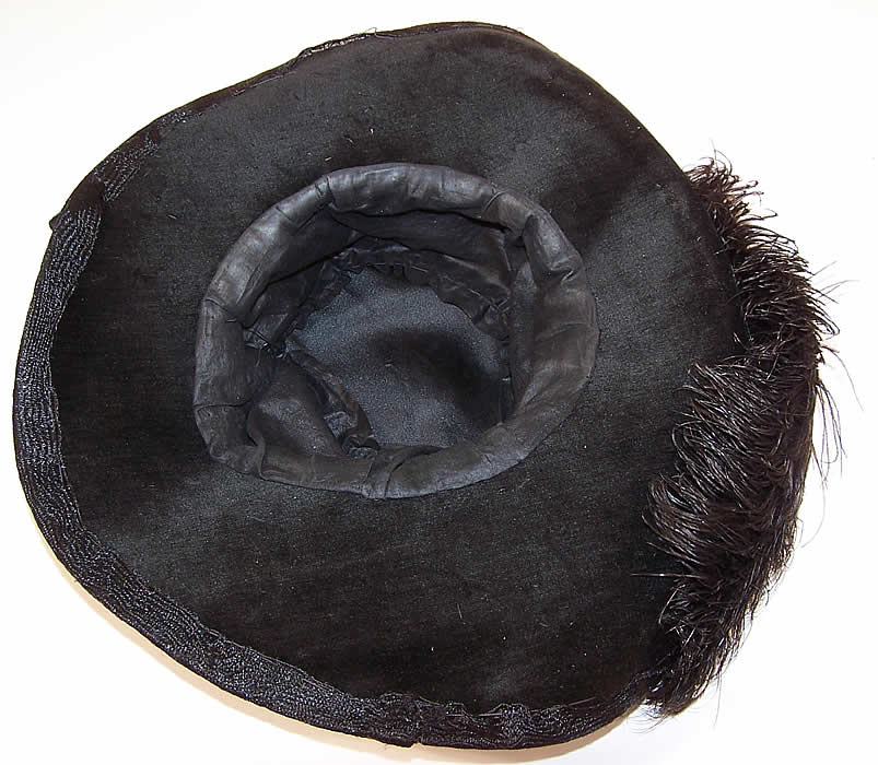 Titanic Belle Epoque Black Velvet Horse Hair Feather Rhinestone Trim Wide Brim Hat inside