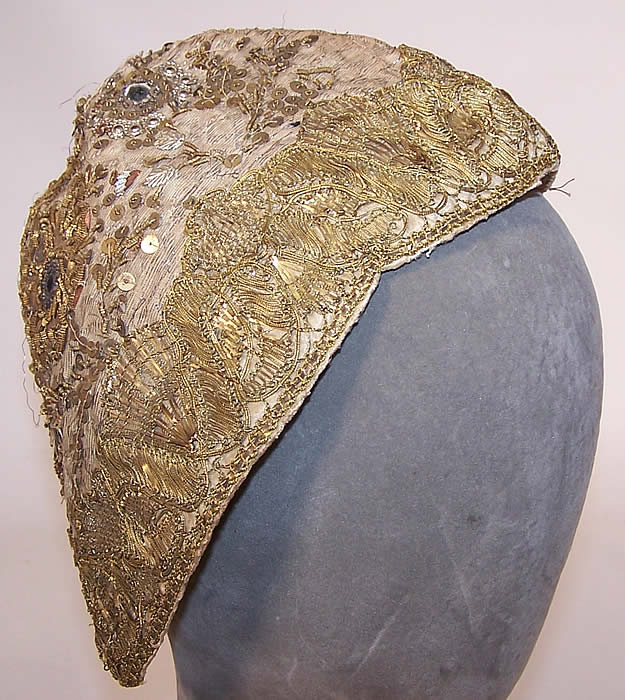 19th Century Antique Gold Gilt Metallic Embroidered Silk German Folk Bonnet Cap