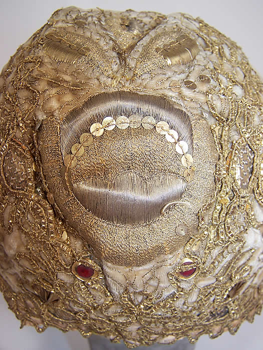 19th Century Antique Gold Gilt Metallic Embroidered Velvet German Folk Bonnet Cap back view.