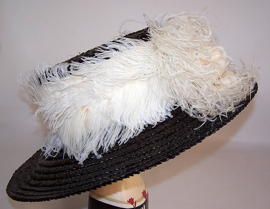 Titanic Black Straw White Ostrich Feather Oversized Wide Brim Boater Hat