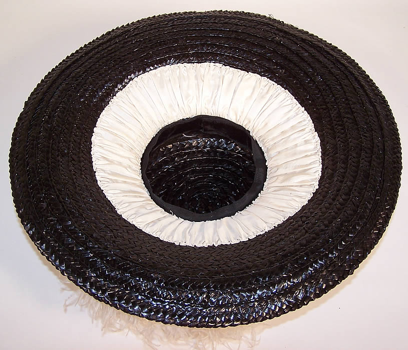 Edwardian Titanic Black Straw White Ostrich Feather Large Wide Brim Boater Hat