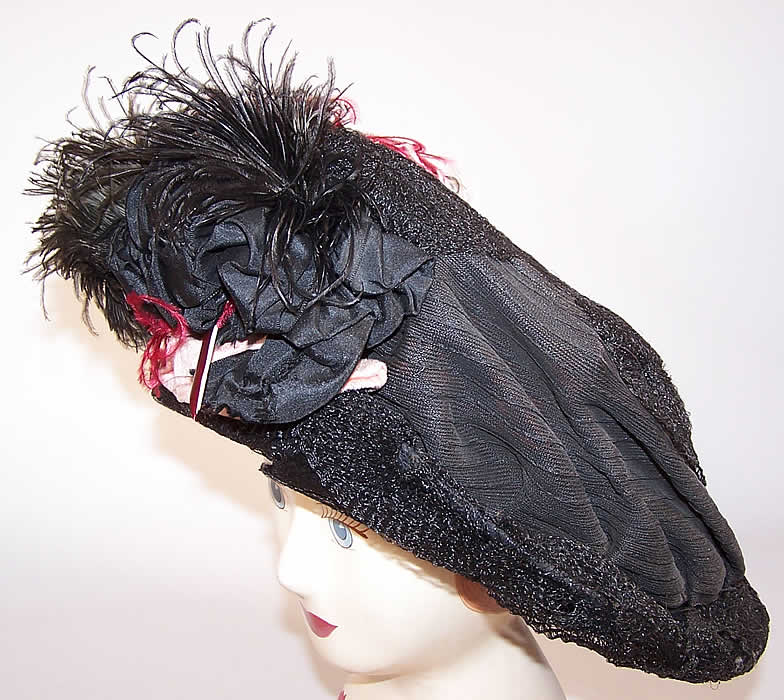 Titanic Belle Epoque Black Woven Horse Hair Ostrich Feather Jet Trim Wide Brim Hat other side view.