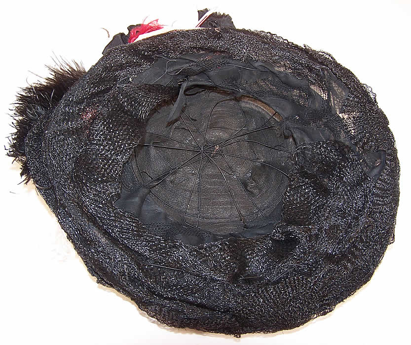 Titanic Belle Epoque Black Woven Horse Hair Ostrich Feather Jet Trim Wide Brim Hat inside