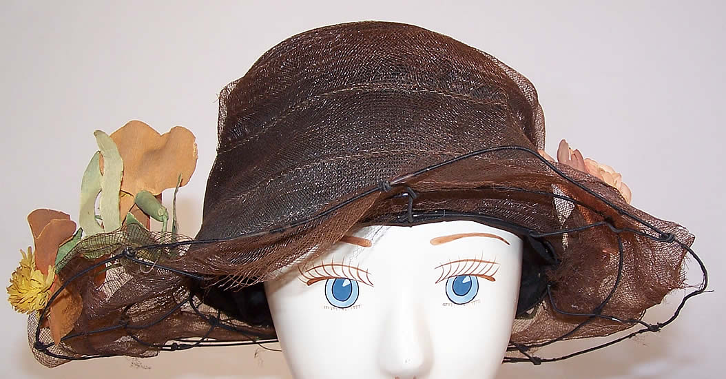 Belle Epoque Vintage Floral Brown Horse Hair Woven Wired Wide Brim Hat