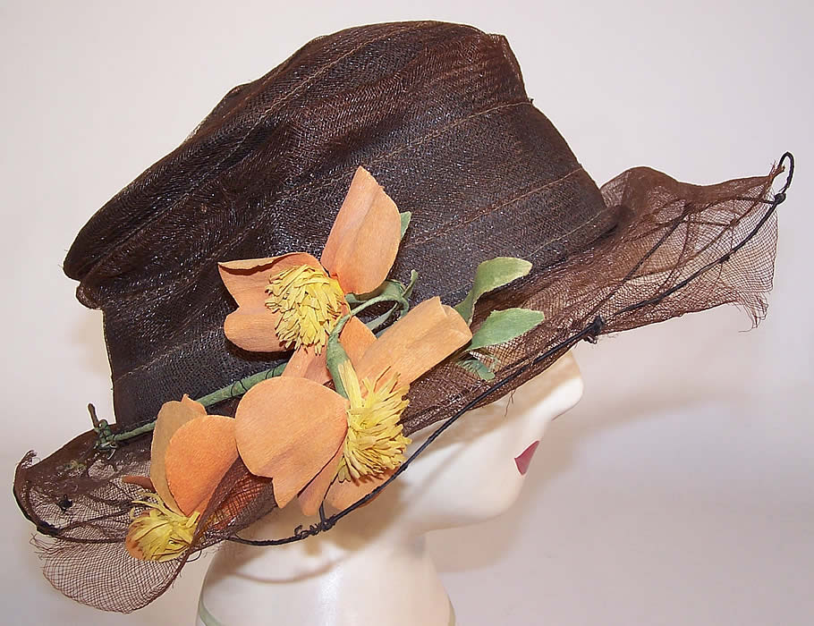 Belle Epoque Vintage Floral Brown Horse Hair Woven Wired Wide Brim Hat side view.