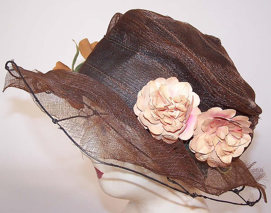 Belle Epoque Vintage Floral Brown Horse Hair Woven Wired Wide Brim Hat side view.