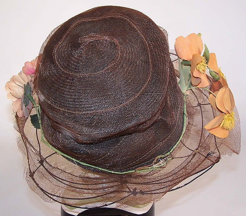 Belle Epoque Vintage Floral Brown Horse Hair Woven Wired Wide Brim Hat back view