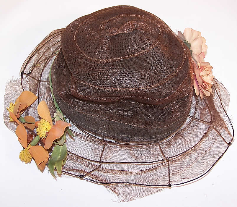 Belle Epoque Vintage Floral Brown Horse Hair Woven Wired Wide Brim Hat