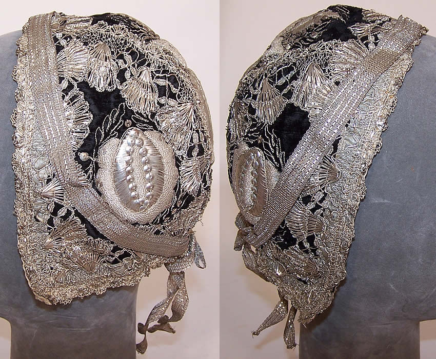 19th Century Antique Silver Metallic Embroidered Black Velvet German Folk Bonnet Cap