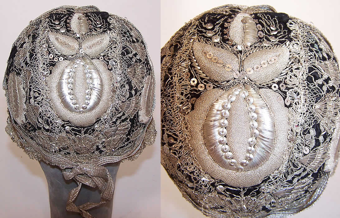 19th Century Antique Silver Metallic Embroidered Black Velvet German Folk Bonnet Cap two views.