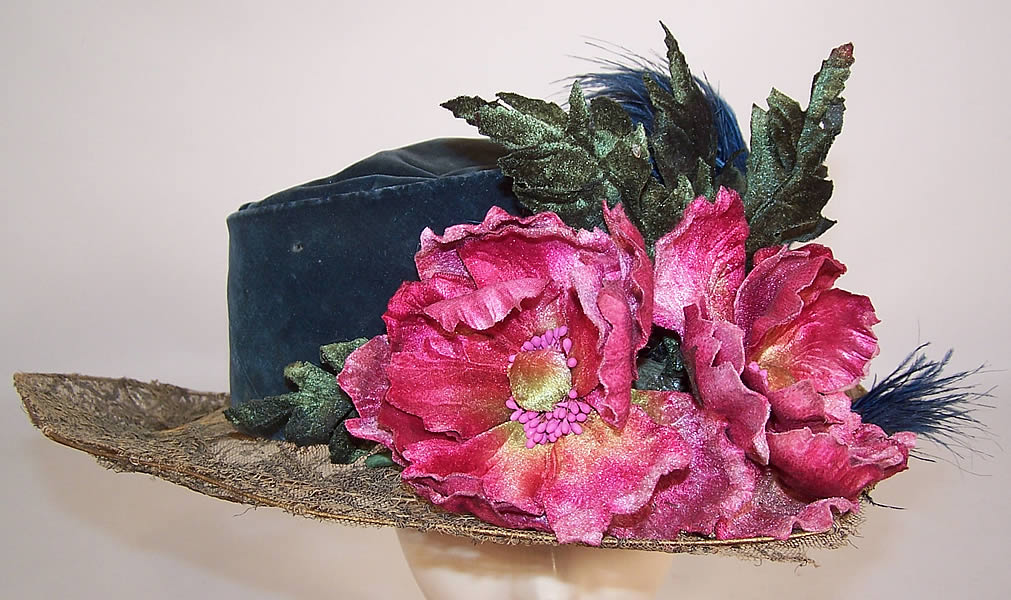 Vintage Belle Epoque Blue Velvet Feather Floral Trim Gold Lace Wide Brim Hat