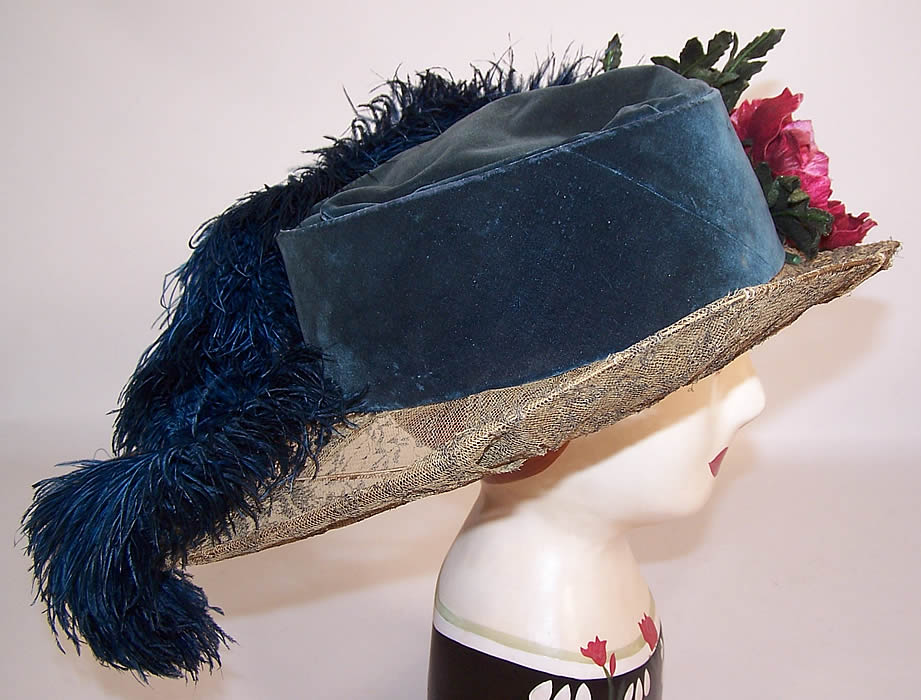 Vintage Belle Epoque Blue Velvet Feather Floral Trim Gold Lace Wide Brim Hat