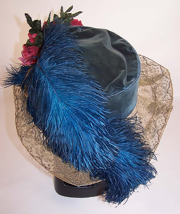 Vintage Belle Epoque Blue Velvet Feather Floral Trim Gold Lace Wide Brim Hat back view