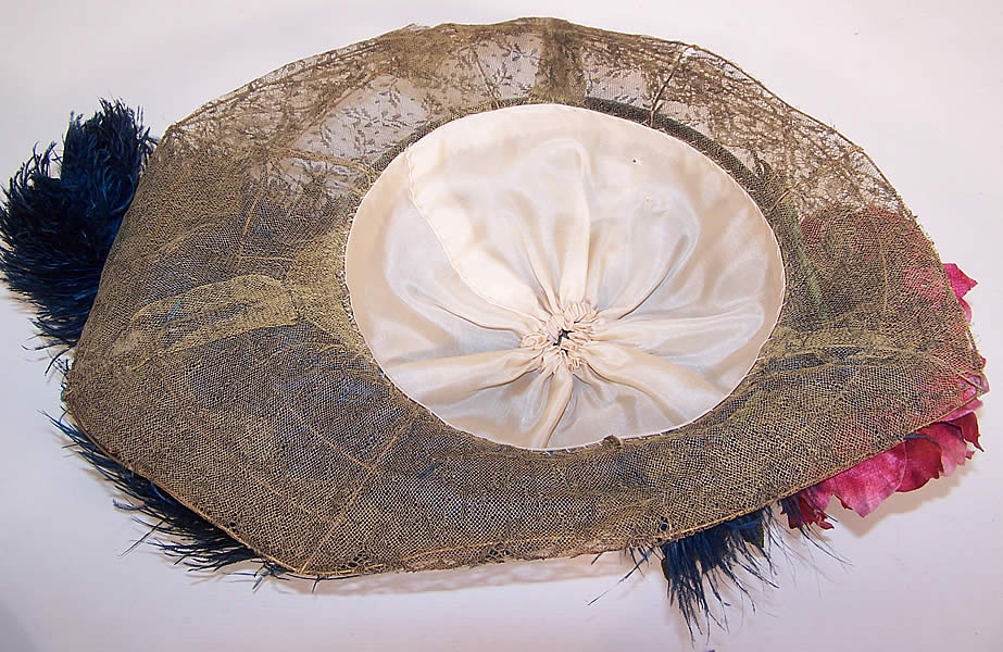 Vintage Belle Epoque Blue Velvet Feather Floral Trim Gold Lace Wide Brim Hat inside the hat