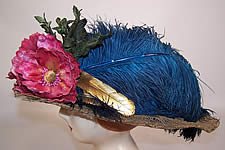 Vintage Belle Epoque Blue Velvet Feather Floral Trim Gold Lace Wide Brim Hat