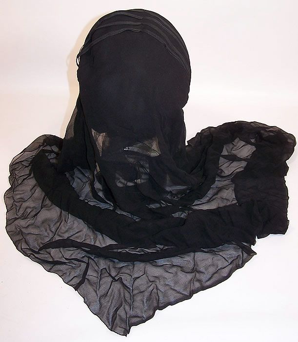 Edwardian WWI Black Silk Veiled Mourning Bonnet Cloche Hat back view